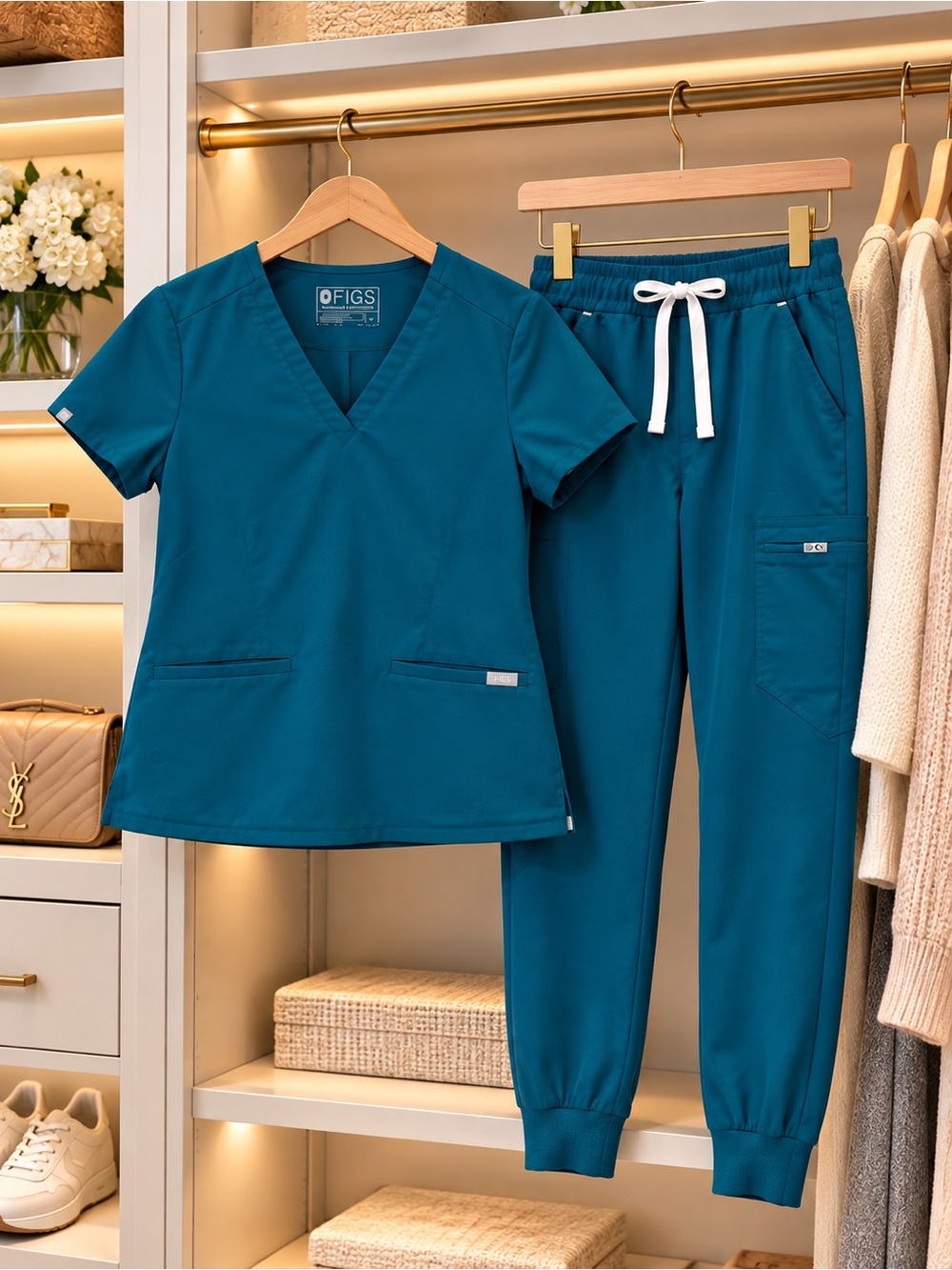 FIGS Caribbean Blue RETIRED Scrub Set M Casma Top Zamora Joggers Excellent